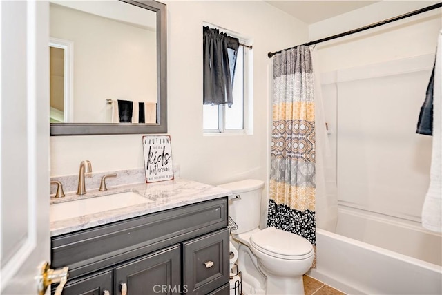 full bath with vanity, tile patterned floors, shower / bath combination with curtain, and toilet
