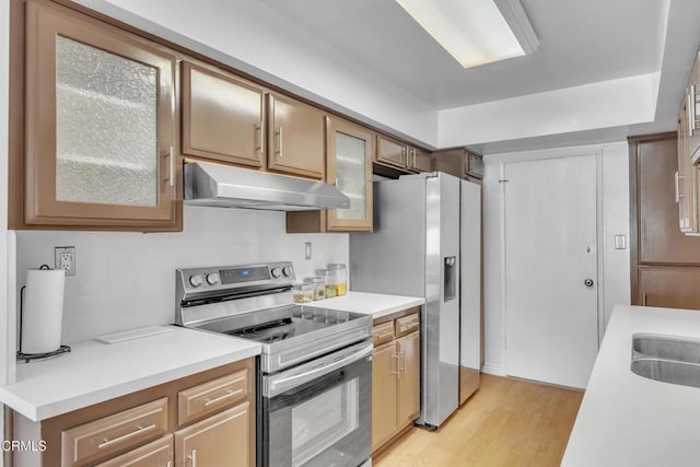 kitchen with glass insert cabinets, appliances with stainless steel finishes, light countertops, light wood-style floors, and under cabinet range hood