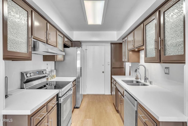 kitchen with glass insert cabinets, under cabinet range hood, a sink, light wood-style flooring, and stainless steel appliances