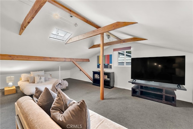 living room featuring baseboards, lofted ceiling with beams, and carpet flooring