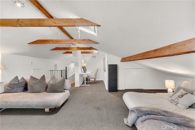 carpeted bedroom featuring lofted ceiling with beams