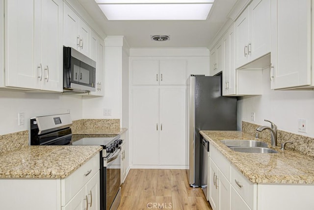 kitchen featuring visible vents, white cabinets, a sink, light wood finished floors, and stainless steel appliances