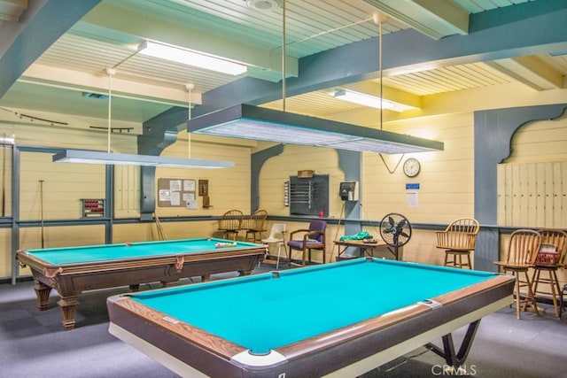 rec room featuring billiards, carpet flooring, and beamed ceiling