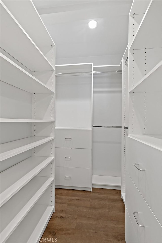 walk in closet with wood finished floors