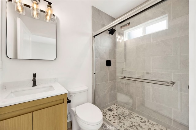 bathroom with toilet, a shower stall, and vanity