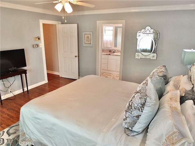 3835 California Ave, Long Beach, CA 90807 - bedroom with crown molding, dark wood finished floors, baseboards, ensuite bath, and a ceiling fan