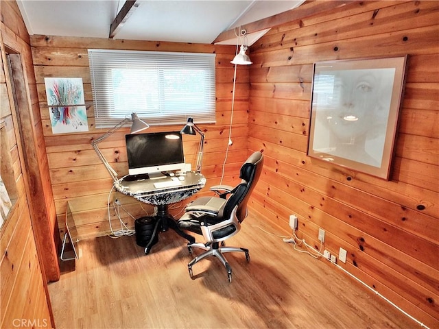 3835 California Ave, Long Beach, CA 90807 - home office with wood walls, wood finished floors, and vaulted ceiling