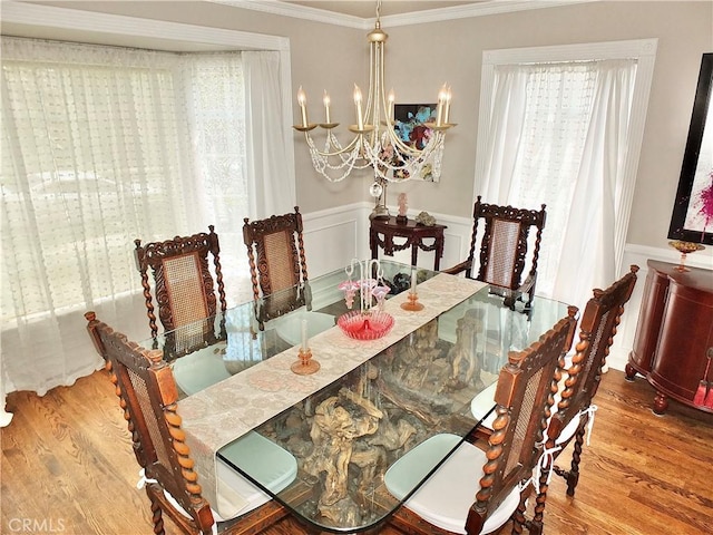 3835 California Ave, Long Beach, CA 90807 - dining space featuring wood finished floors, healthy amount of natural light, ornamental molding, a wainscoted wall, and a chandelier