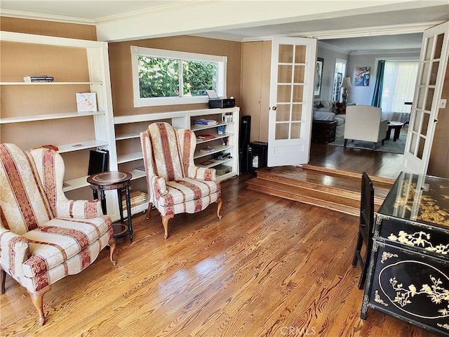 3835 California Ave, Long Beach, CA 90807 - living area with french doors, ornamental molding, and wood finished floors