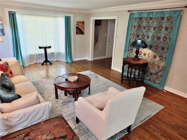 3835 California Ave, Long Beach, CA 90807 - living room featuring baseboards, wood finished floors, and crown molding