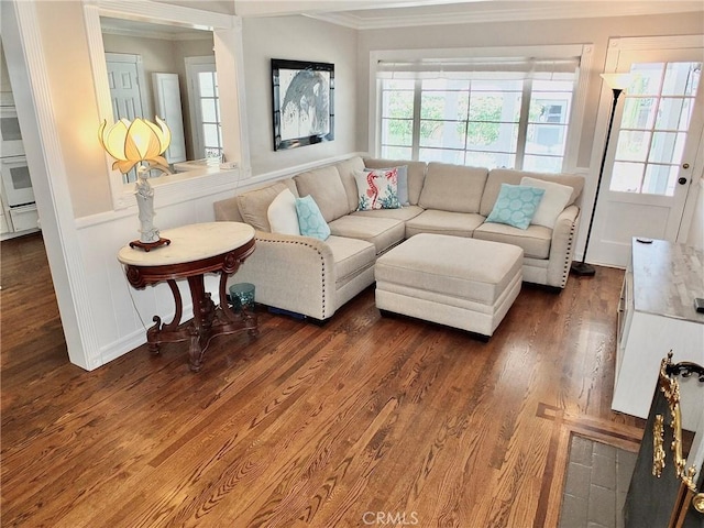 3835 California Ave, Long Beach, CA 90807 - living room with ornamental molding, dark wood-type flooring, and a decorative wall