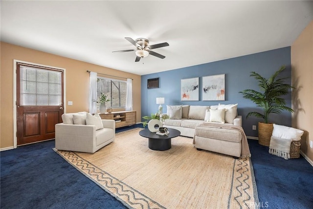 3881 Valle Vista Dr, Chino Hills, CA 91709 - carpeted living room featuring ceiling fan and baseboards