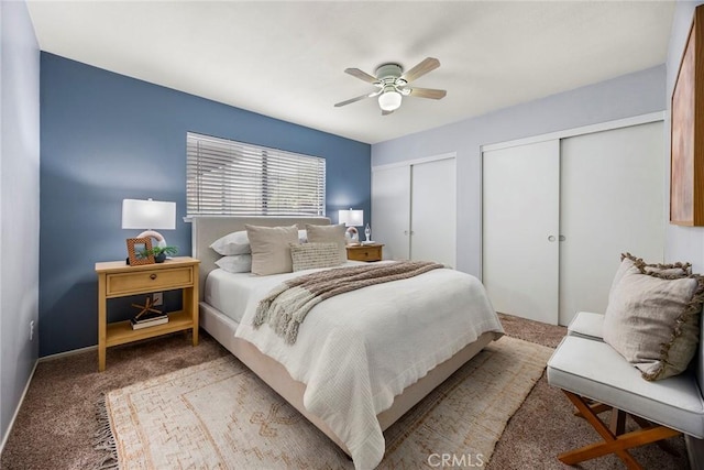 3881 Valle Vista Dr, Chino Hills, CA 91709 - bedroom featuring two closets, carpet, a ceiling fan, and baseboards