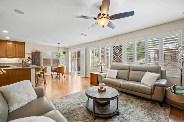 1752 Cottonwood Dr, Vista, CA 92081 - living area featuring ceiling fan, light wood-style flooring, and recessed lighting