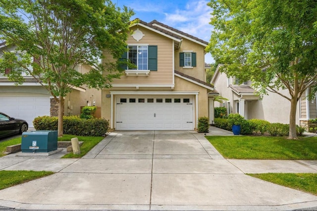 1752 Cottonwood Dr, Vista, CA 92081 - traditional-style house with a garage, driveway, stucco siding, a tiled roof, and a front yard