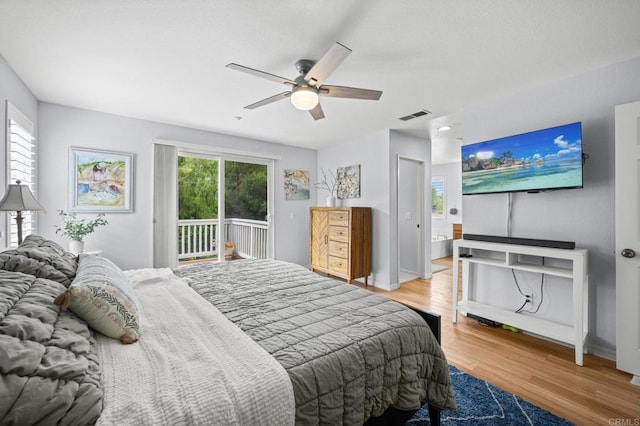 1752 Cottonwood Dr, Vista, CA 92081 - bedroom featuring access to outside, wood finished floors, baseboards, and a ceiling fan