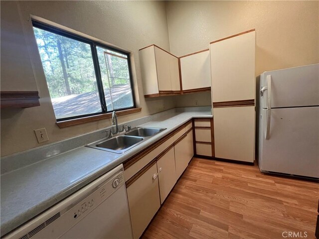 kitchen featuring a sink, light wood-style flooring, a wealth of natural light, and white appliances