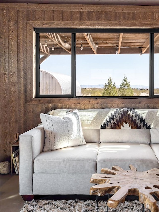 living room with finished concrete floors, wooden walls, and a wealth of natural light