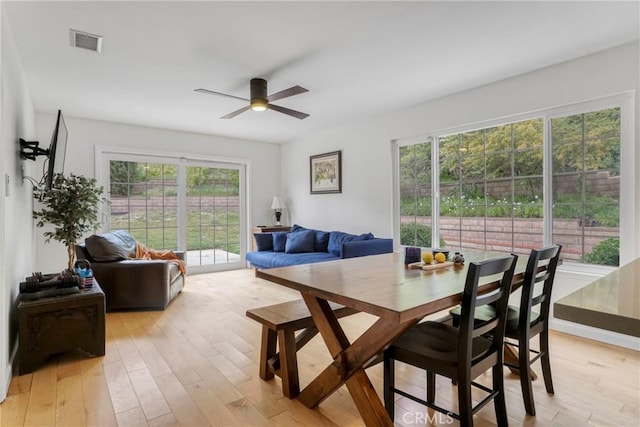 dining room with a healthy amount of sunlight, ceiling fan, light wood finished floors, and visible vents