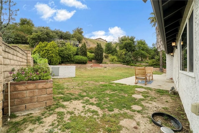 view of yard featuring fence and a patio area