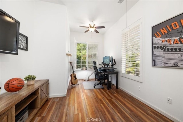 1050 Sleepy Hollow Rd, Paso Robles, CA 93446 - office area with ceiling fan, wood finished floors, and baseboards