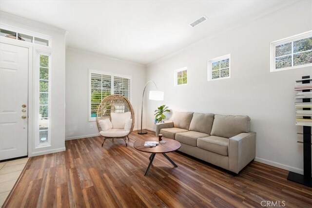 1050 Sleepy Hollow Rd, Paso Robles, CA 93446 - living area with wood finished floors, healthy amount of natural light, crown molding, and baseboards