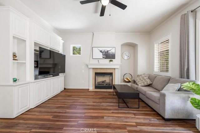1050 Sleepy Hollow Rd, Paso Robles, CA 93446 - living area with dark wood-type flooring, a ceiling fan, a fireplace with flush hearth, ornamental molding, and baseboards