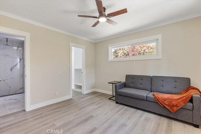 9951 Glencrest Cir, Sun Valley, CA 91504 - living area with light wood-style flooring, a ceiling fan, baseboards, and crown molding