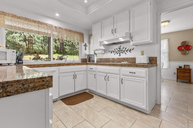 kitchen with under cabinet range hood, white cabinets, and white microwave