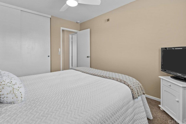 bedroom featuring a ceiling fan, visible vents, baseboards, a closet, and carpet flooring