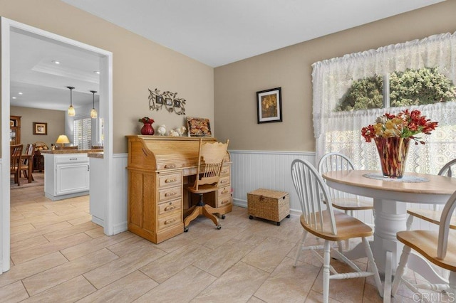 home office featuring recessed lighting and wainscoting