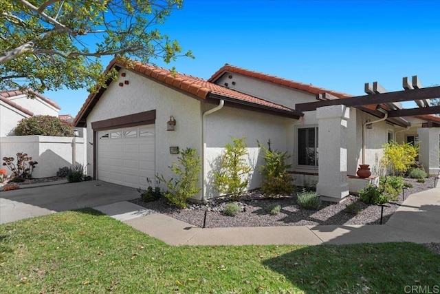 view of front of property featuring a garage, fence, stucco siding, driveway, and a tile roof