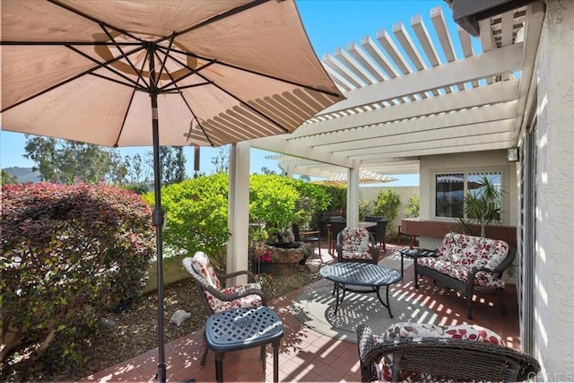 view of patio / terrace featuring a pergola and outdoor lounge area