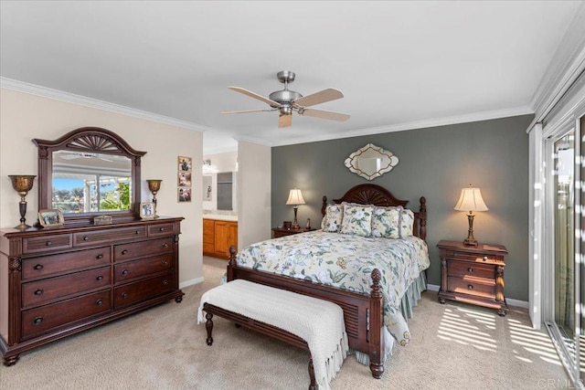 bedroom with light colored carpet, ornamental molding, and multiple windows
