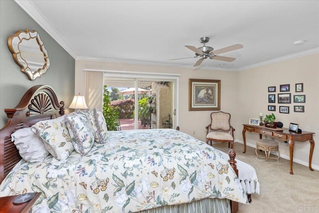 bedroom with crown molding, baseboards, access to outside, and light carpet