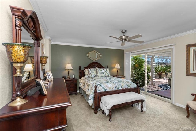 bedroom featuring ornamental molding, carpet, a ceiling fan, and access to exterior