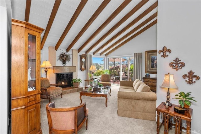 living room with high vaulted ceiling, a fireplace, carpet flooring, and beam ceiling