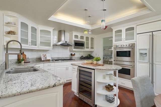 1719 Willowhaven Rd, Encinitas, CA 92024 - kitchen with open shelves, beverage cooler, wall chimney exhaust hood, and a raised ceiling