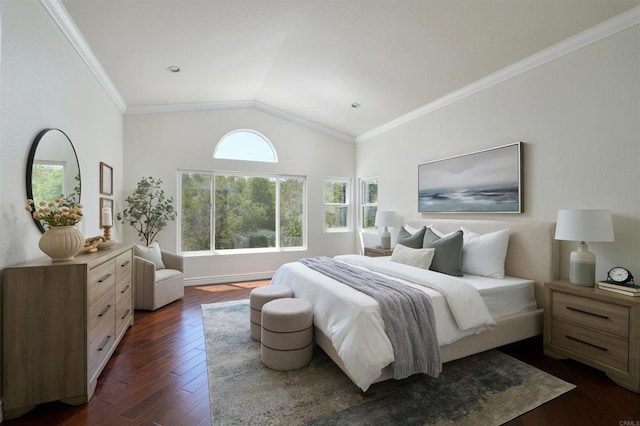 1719 Willowhaven Rd, Encinitas, CA 92024 - bedroom featuring lofted ceiling, ornamental molding, baseboards, and dark wood-type flooring