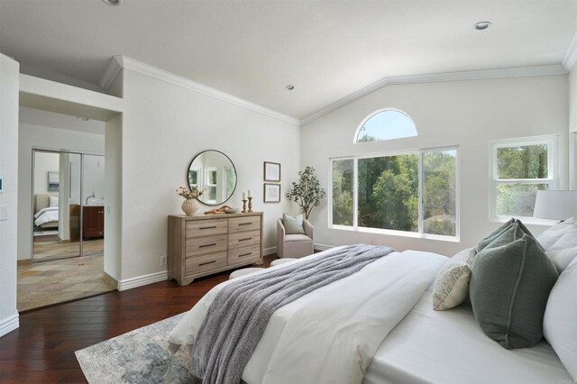 1719 Willowhaven Rd, Encinitas, CA 92024 - bedroom featuring ornamental molding, lofted ceiling, baseboards, and dark wood finished floors