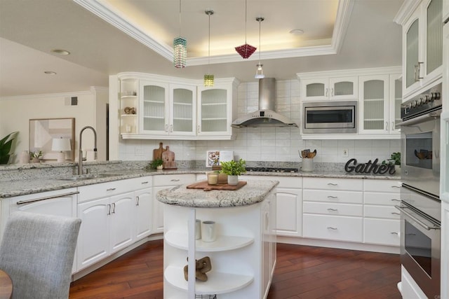1719 Willowhaven Rd, Encinitas, CA 92024 - kitchen featuring wall chimney range hood, stainless steel appliances, open shelves, and a sink
