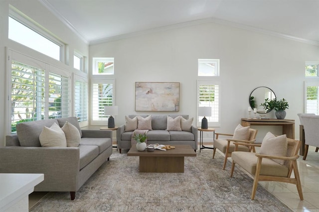 1719 Willowhaven Rd, Encinitas, CA 92024 - living area featuring crown molding, light tile patterned floors, and high vaulted ceiling