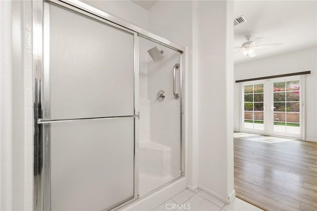 37388 Medjool, Palm Desert, CA 92211 - full bathroom with ceiling fan, a shower with door, baseboards, french doors, and tile patterned floors