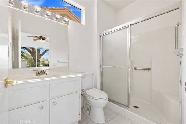 37388 Medjool, Palm Desert, CA 92211 - bathroom with a shower with door, toilet, vanity, tile patterned flooring, and ceiling fan