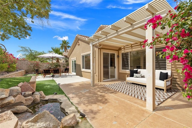 37388 Medjool, Palm Desert, CA 92211 - view of patio featuring a pergola, outdoor lounge area, and a garden pond