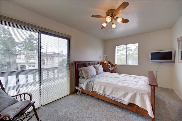 bedroom featuring carpet, ceiling fan, and multiple windows