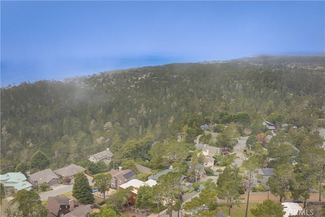 drone / aerial view featuring a residential view and a forest view