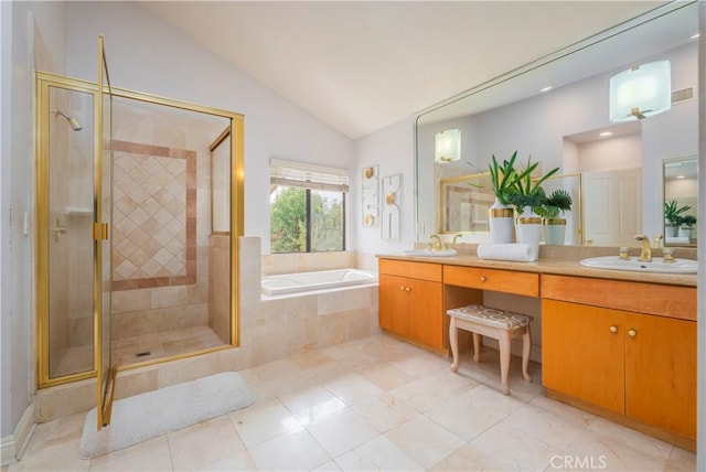 full bath with a sink, a bath, vaulted ceiling, and a shower stall