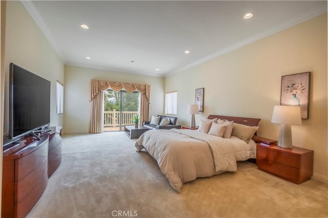 bedroom with access to outside, light colored carpet, recessed lighting, baseboards, and ornamental molding