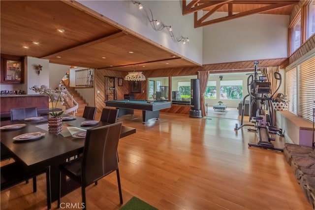 game room featuring wood ceiling, billiards, wood walls, beam ceiling, and wood finished floors